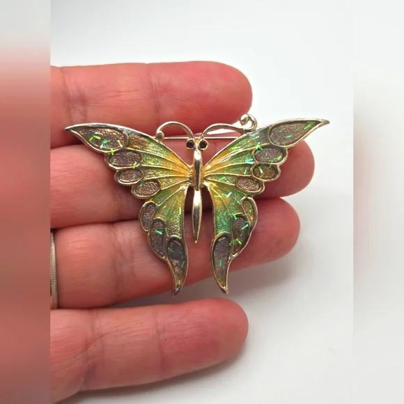 Vintage Enamel Gold Tone Rainbow Art Nouveau Butterfly Brooch - Picture 2 of 6